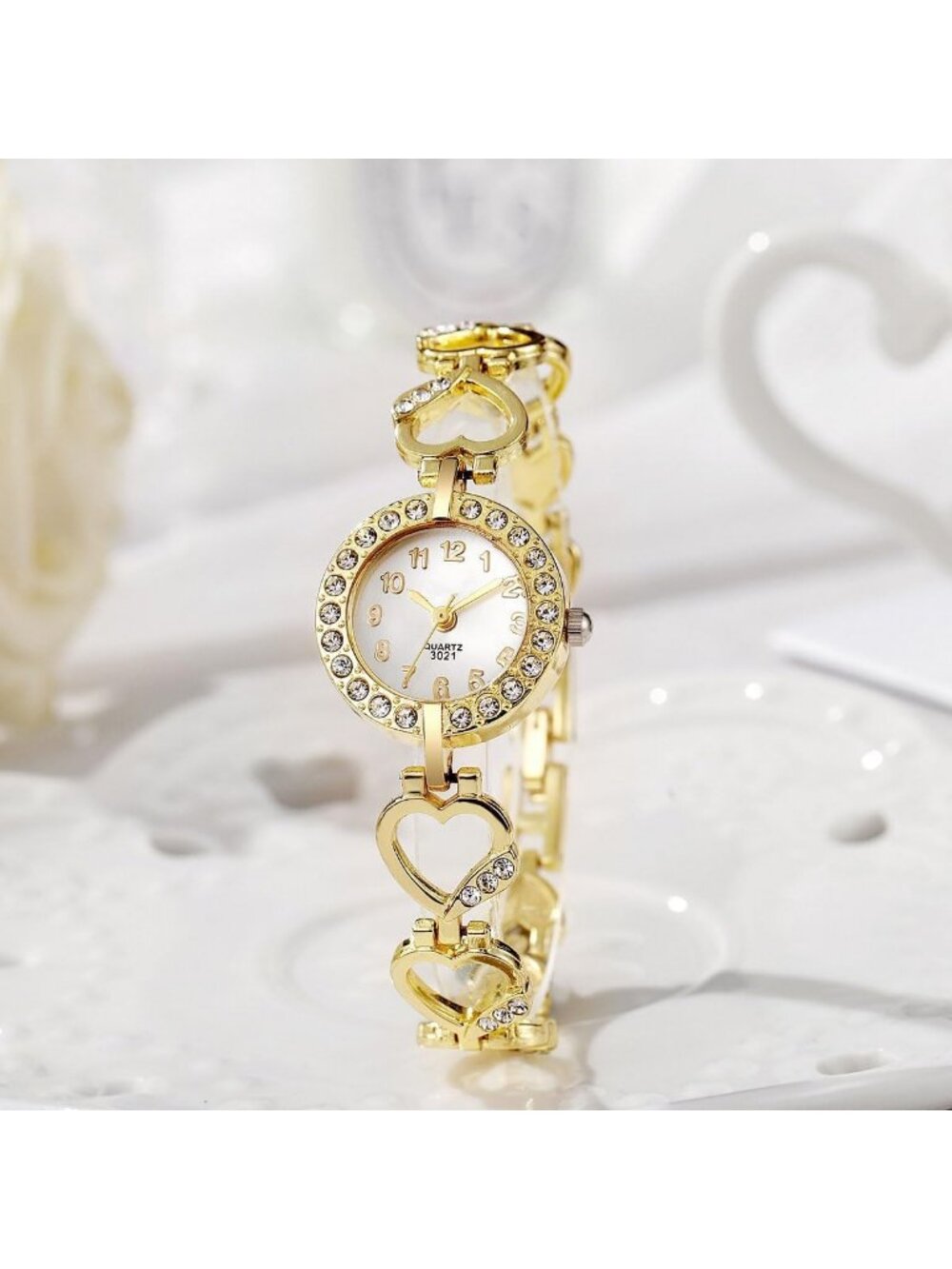 Women's Gold Stylish Hollow Stainless Steel Strap Luxury Diamond Bracelet Watch - Picture 5 of 5